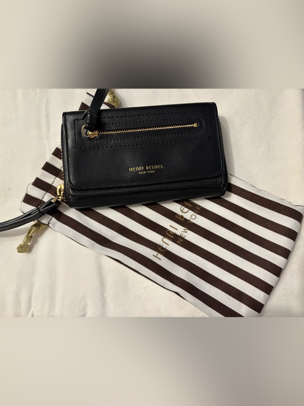 henri bendel Black Leather Wristlet with Gold-Tone Hardware